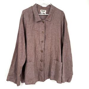 Flax Linen Button Up Collared Shirt Jacket Oversized Lagenlook Women 3G 24-26